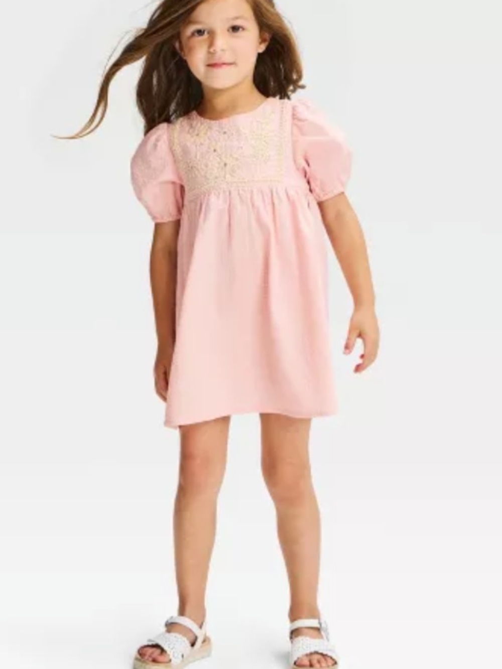 Cat & Jack Light Pink Puff-Sleeve Embroidered Yoke Dress